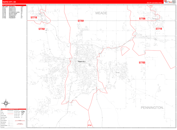 Rapid City City Wall Map Red Line Style